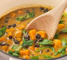 sweet potato black bean coconut curry easy one pot recipe, Close up of creamy curry in a pot with tender sweet potatoes and black beans