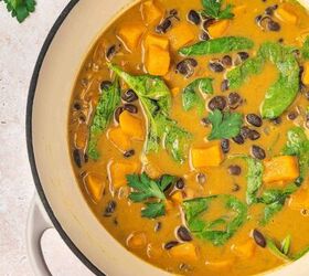 sweet potato black bean coconut curry easy one pot recipe, Creamy sweet potato black bean coconut curry simmering in a large pot