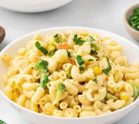 sweet potato black bean coconut curry easy one pot recipe, White bowl of mac and cheese with a rich cheesy texture