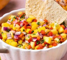 sweet potato black bean coconut curry easy one pot recipe, Mango Pineapple Habanero Salsa in a bowl with a lime wedge on the side