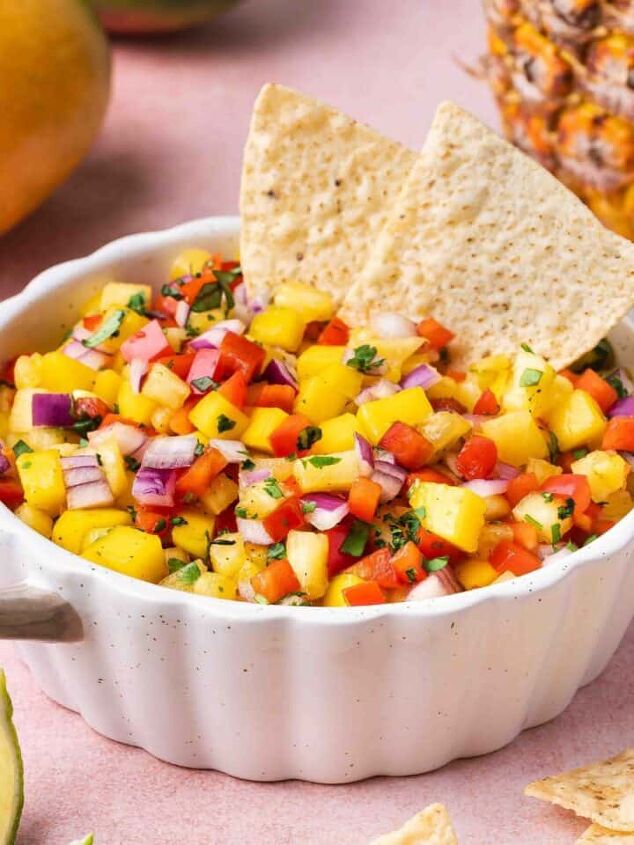 sweet potato black bean coconut curry easy one pot recipe, Mango Pineapple Habanero Salsa in a bowl with a lime wedge on the side