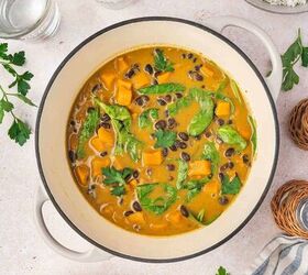 sweet potato black bean coconut curry easy one pot recipe, Vibrant coconut curry with sweet potatoes black beans and spinach in a pot