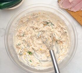 air fryer bacon wrapped jalapeno poppers, Cream cheese mixture mixed together in a bowl with a whisk