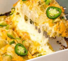 one pot cheesy mexican chicken and rice, Chicken enchiladas with green sauce in a casserole dish topped with melted cheese and peppers