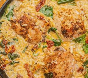 one pot cheesy mexican chicken and rice, Baked chicken and orzo pasta in a skillet with spinach artichoke hearts and sun dried tomatoes