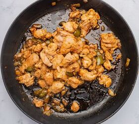 one pot cheesy mexican chicken and rice, Chicken thighs added to the skillet with onions and bell peppers