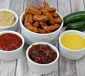 crockpot little smokies, ingredients including little smokies brown sugar chili sauce jalapeno jelly and chicken broth