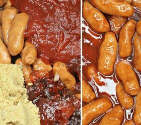crockpot little smokies, an image showing ingredients before ad after mixing with little smokies in a slow cooker