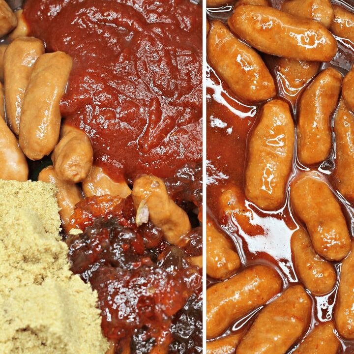 crockpot little smokies, an image showing ingredients before ad after mixing with little smokies in a slow cooker