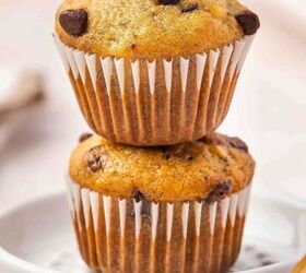 easy 3 ingredient pumpkin muffins with spice cake mix, Close up of a stack of golden banana mini muffins on a white platter
