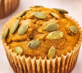 easy 3 ingredient pumpkin muffins with spice cake mix, Close up side view of soft banana pumpkin muffins ready to serve