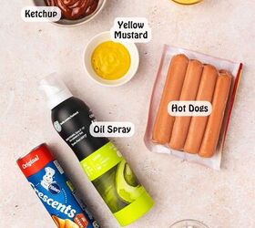 spooky cute air fryer mummy hot dogs kids will love, Ingredients for Air Fryer Mummy Hot Dogs hot dogs crescent roll dough egg candy eyes ketchup mustard and cooking spray