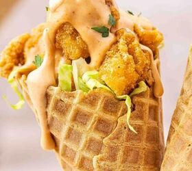 spooky cute air fryer mummy hot dogs kids will love, Spicy chicken waffle cones topped with creamy sriracha sauce and cilantro