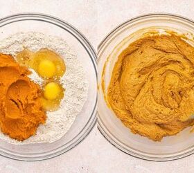 easy 3 ingredient pumpkin muffins with spice cake mix, Mixing spice cake mix pumpkin puree and eggs in a large bowl for pumpkin muffins