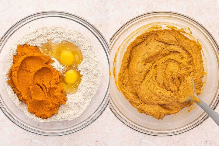 easy 3 ingredient pumpkin muffins with spice cake mix, Mixing spice cake mix pumpkin puree and eggs in a large bowl for pumpkin muffins