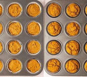easy 3 ingredient pumpkin muffins with spice cake mix, Scooping pumpkin muffin batter into lined muffin cups ready to bake