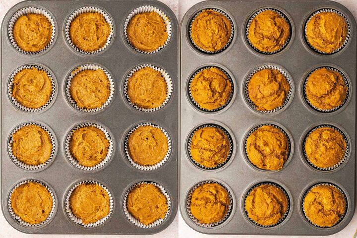 easy 3 ingredient pumpkin muffins with spice cake mix, Scooping pumpkin muffin batter into lined muffin cups ready to bake