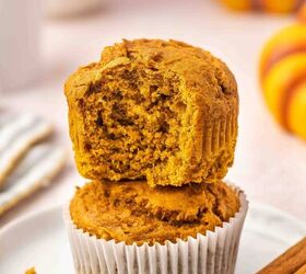 easy 3 ingredient pumpkin muffins with spice cake mix, Inside view of a pumpkin muffin with moist and fluffy crumb