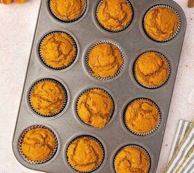 easy 3 ingredient pumpkin muffins with spice cake mix, Overhead view of freshly baked pumpkin muffins in a muffin tin