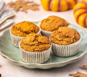easy 3 ingredient pumpkin muffins with spice cake mix, Pumpkin muffins on a plate with small pumpkins and cinnamon sticks