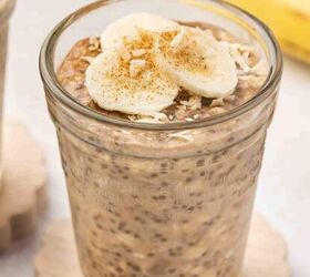 easy 3 ingredient pumpkin muffins with spice cake mix, Banana chia overnight oats in a glass cup topped with banana slices and shredded coconut