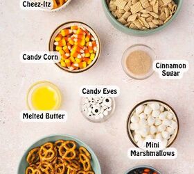 spooky halloween snack mix easy kid friendly recipe, All ingredients for spooky Halloween snack mix Chex cereal Cheez Its pretzels butter cinnamon sugar candy corn mini marshmallows candy coated chocolates and candy eyes