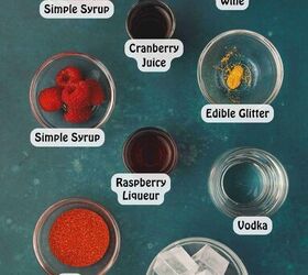 easy vampire kiss cocktail recipe for halloween 2025, Ingredients for Vampire Kiss Cocktail including vodka raspberry liqueur cranberry juice sparkling wine edible glitter and red sanding sugar