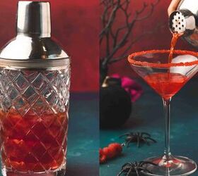 easy vampire kiss cocktail recipe for halloween 2025, Pouring Vampire Kiss Cocktail into rimmed glasses topping with sparkling wine and garnishing with raspberries