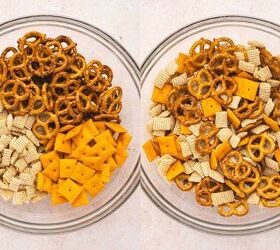 spooky halloween snack mix easy kid friendly recipe, Large bowl with Chex cereal pretzels and Cheez Its mixed together