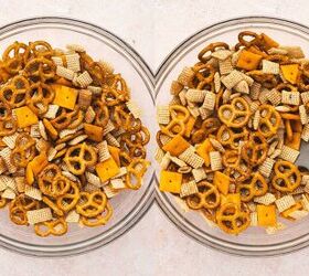 spooky halloween snack mix easy kid friendly recipe, Drizzling cinnamon butter mixture over cereal pretzels and Cheez Its