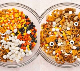 spooky halloween snack mix easy kid friendly recipe, Cooled snack mix being folded with candy corn mini marshmallows candy coated chocolates and candy eyes