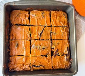 pumpkin cheesecake brownies recipe for fall desserts, Baked pumpkin brownies cut into squares in the pan ready to serve