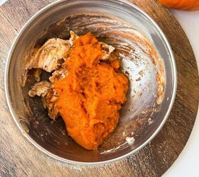 pumpkin cheesecake brownies recipe for fall desserts, Bowl containing pumpkin puree and spices being mixed together for pumpkin layer