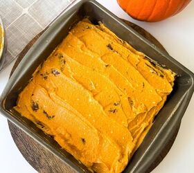 pumpkin cheesecake brownies recipe for fall desserts, Unbaked pumpkin brownie mixture evenly spread in a square baking pan before going into the oven