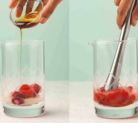 easy raspberry moscow mule party ready mint cocktail, Fresh raspberries being muddled with lime juice and maple syrup in a cocktail glass for a Moscow Mule