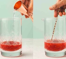 easy raspberry moscow mule party ready mint cocktail, Vodka being gently stirred into muddled raspberries lime juice and maple syrup mixture