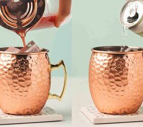 easy raspberry moscow mule party ready mint cocktail, Two copper mugs filled with ice raspberry vodka mixture topped with ginger beer garnished with mint raspberries and lime