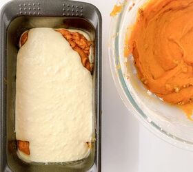 perfectly moist cream cheese pumpkin bread recipe, Loaf pan with first layer of pumpkin batter and cream cheese mixture poured on top with extra pumpkin batter in a bowl beside it