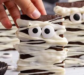 spinach lasagna roll ups, Mummy Brownies standing upright on a counter about to be picked up