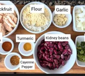 spicy jackfruit and red kidney bean burgers, An image displaying bowls of ingredients needed to make the spicy red kidney bean and jackfruit burgers