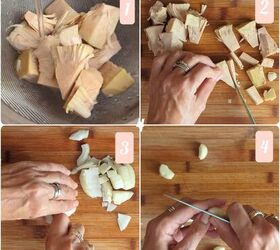 spicy jackfruit and red kidney bean burgers, A collage of four images showing the preparation steps for a recipe 1 Draining jackfruit chunks in a colander 2 Cutting jackfruit pieces lengthwise on a cutting board 3 Chopping a white onion into medium sized pieces 4 Peeling garlic cloves with a knife on a wooden surface