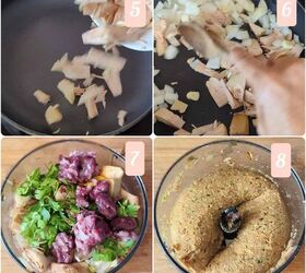 spicy jackfruit and red kidney bean burgers, A collage of four cooking steps for making jackfruit and kidney bean burgers 1 Transferring jackfruit pieces to a pan 2 Stirring in the onion and garlic pieces 3 Ingredients including kidney beans chopped greens and spices placed in a food processor 4 A blended smooth mixture in the food processor