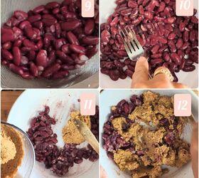 spicy jackfruit and red kidney bean burgers, A collage of four images showing the process of preparing kidney beans for jackfruit burgers 1 A bowl of drained kidney beans 2 Mashing kidney beans with a fork 3 Adding blended jackfruit mixture to the mashed beans in a white bowl 4 The combined mixture of kidney beans and jackfruit stirred together ready to form into patties