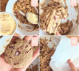 spicy jackfruit and red kidney bean burgers, A collage of four images showing the process of moulding the jackfruit bean burgers 1 A Flour being added to the mixture 2 Mixing in the flour 3 Shaping the burgers with the hands 4 Arranging the patties between pieces of parchment paper