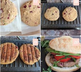 spicy jackfruit and red kidney bean burgers, A collage of four images showings 1 Burgers prepared on parchment paper ready to be stores 2 Burgers cooking on an elecril grill plate 3 Cooked burgers on grill platel 4 Burger in a soft white bun with avocado sliced tomato and arrugula leaves