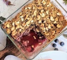 chunky blackberry compote with fresh ginger, A dessert with berries and a nut oat crumble