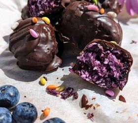 chocolate bounty blueberry bites, Chocolate Bounty Blueberry Bites topped with sugar coated fennel seeds