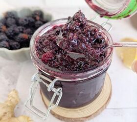 chia berry oat crumble, An open jar of blackberry ginger compote A bowl of blackberries are faded in the background