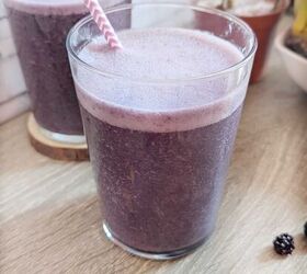 chia berry oat crumble, A glass of blackberry banana smoothie with almonds