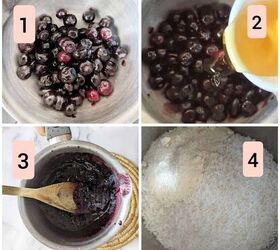 chocolate bounty blueberry bites, Steps showing blueberries with syrup cooked blueberry mix and coconut mixture for Chocolate Bounty Blueberry Bites